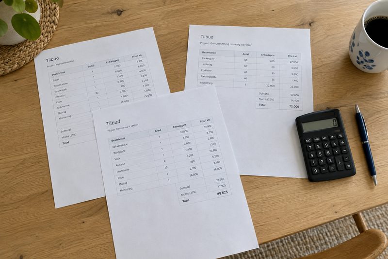 Køkkenbord med tilbud, lommeregner og kvitteringer klar til fradragsopgørelsen